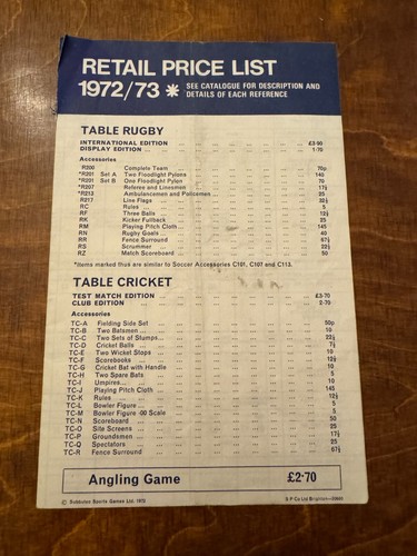 Subbuteo retail price list - price,