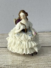 Vintage Dresden Lace Porcelain Figurine, Volkstedt Rudolstadt, Lady With Fan A/F