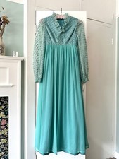 1960’s Vintage Mint Green Chiffon & Embroidered Prom Maxi Dress Size XS