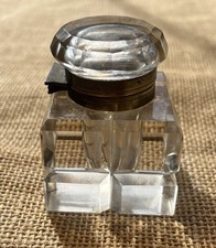 Antique Victorian cut glass inkwell, faceted, with brass collars