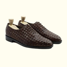 Handmade Mens Brown Woven Leather Lace Up Dress Formal Shoes For Men-ALL SIZE