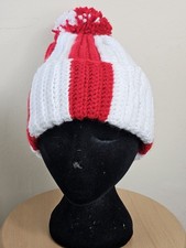 Handmade Knitted Red & White Striped Bobble Hat Beanie Pom Pom
