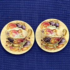 Pair Aynsley & Sons Orchard Gold Footed & Ribbed Tea Cups & Saucers -1st Quality