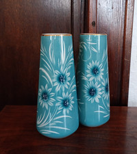 2x Beautiful Vintage Vases Japanese Hand Painted Light Teal Blue Ceramic Antique
