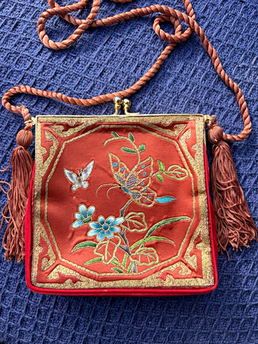 Red satin embroidered - red,