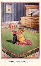 Comic Postcard 1920 Post WW1 Austerity Smoking Cigarette Patched Trousers Sewing