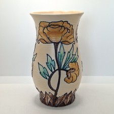 Art Deco Royal Cauldon Tube Lined Pottery Vase Floral Hand Painted Vintage 1930s