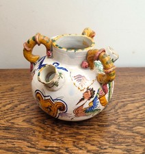 Italian Faience Majolica 3 Spout 3 Handle Flower Jug Mythological Hand Painted.