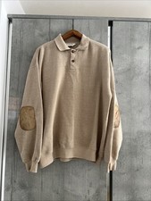 Orvis Polo Shirt Mens Medium Large Beige Long Sleeve Leather Elbow Patches