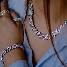 Rapper Chains Miami PINK Cuban Hip Hop Link Chain Iced Necklace & Bracelet 