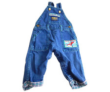 OshKosh Vintage 1990's Overalls 6-9 Months USA Denim Plaid Trim Teddy Bear EUC