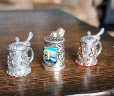 3 Pewter Thimbles, Miniature Steins with hinged lids - one by Stephen Frost 