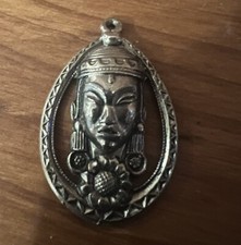 Vintage Buddha Head Pendant Oriental Goddess Mask Silver Tone