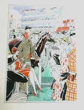 ORIGINAL  D. PARR  SIGNED ART DECO INK & WATERCOLOUR DRAWING - HORSE RACING.