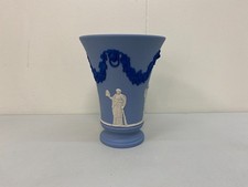 Wedgwood Blue Tricolour Jasperware 15.5cm Flared Vase Lions Head Garland