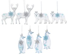 Gisela Graham Winter Animal Christmas Tree Decorations Snowflake Sparkle Wooden