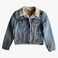 Vintage 90s Womens Levis Washed Blue Denim Jacket With Faux Fur Lining, Workwear
