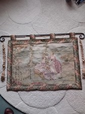 Vintage woven tapestry wall hanging with rod & tassels