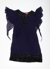 Derhy Women’s Purple Beaded Shift Dress S Flutter Sleeve Party