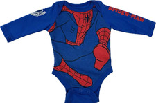 Marvel Baby Blue Red Long Sleeve Cotton Spider Man Logo One Piece Bodysuit NB