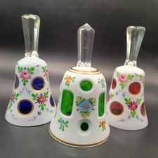MOSER Bohemian Czech Glass White Cut To Cobalt Blue,Green,Pink Bells,3 Hand Made