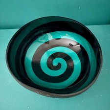 NEW Decorative Coconut Bowl Teal Black Spiral Hand Painted smooth Lacquered