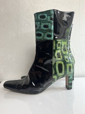 Vintage Renata Boots UK 4 Black Green Patent Croc Mid Calf Funky Retro Heels