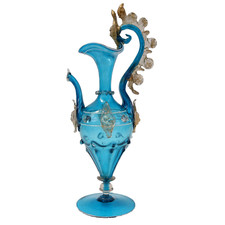 Murano Salviati Glass Ewer Aqua Blue Figural Lozenges h25cm Circa 1890s