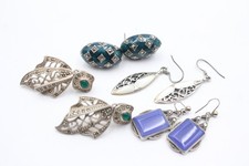 Sterling Silver Earrings Marcasite Vintage Enamel MOP Gemstone Cutwork x 4 (30g)