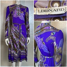 Vintage 1960 Ladies LEONARD Made in Paris Purple Silk Dress w/ Belt MOD