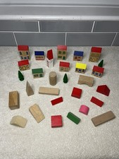 Wooden Train Track Set Accessories Bundle Buildings Houses And Blocks x43 Pieces