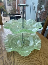Art Deco Vintage 1930’s Cake Stand Green Glass Chrome By Sowerby  