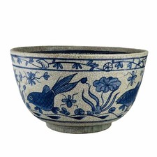 Chinese Pottery Bowl Fish Crackle Matte Finish L16cm