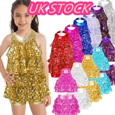 UK Girls Salsa Samba Rumba Cotume Sequins Crop Top with Skirt Jazz Latin UK