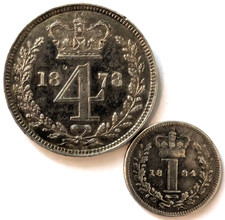 QUEEN VICTORIA MAUNDY MONEY COIN - Silver 925 - 1878 4p Pence & 1884 1p Penny