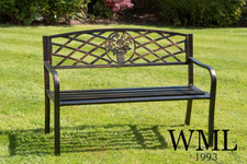 Coalbrookdale garden bench with decorative back rest, Steel Frame Bronze White