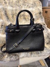 Burberry The Banner Tote Bag - Black Leather & Check Canvas - Small