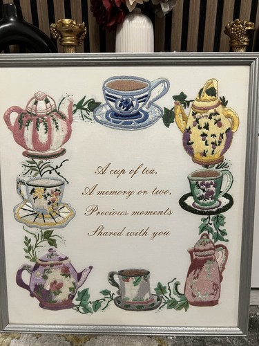 Vintage embroidery art teacups - art,