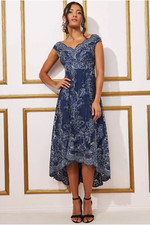 QUIZ NAVY BLUE SILVER EMBROIDERED DIPPED HEM EVENING PARTY PROM DRESS SIZE 14.