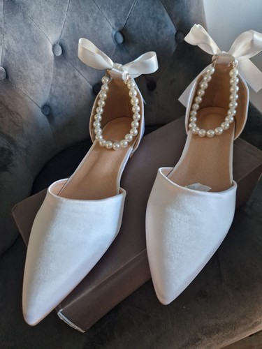 White satin pointy toe flats - pointy,
