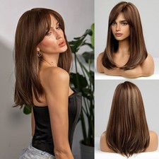 HAIRCUBE Long Mixed Brown Wigs Women Layered Synthetic Hair Wig Partial Fringe