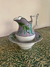 Small Georgian Wedgwood hand painted washbowl and jug, white and mauve 