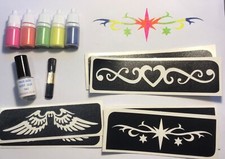 GLITTER TATTOO KIT 6 LARGE BACK/ARMBAND STENCILS/GLUE/5 NEON GLITTER PUFFERS