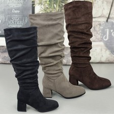 womens ruffled low block heel knee high boots ladies new in size faux suede