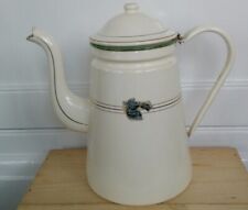 Vintage large French Enamel ware Coffee Pot cream green gold shabby chic retro 
