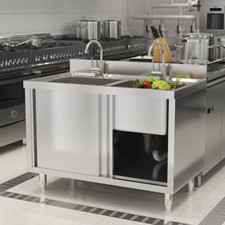Catering Sink Stainless Steel Dual Bowls Commercial Kitchen Cabinet Sliding Door
