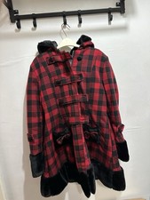 Hell Bunny Women's Coat Small Black and Red Check With Hood And  Fur Details.