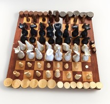 Unique Chess Set, Handcrafted Clay Pieces Game Backgammon Chequers Wooden Board