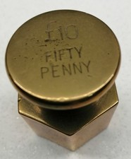 VINTAGE BRASS, BAGGED COIN WEIGHT.  POST DECIMAL.  £10. FIFTY PENNY.