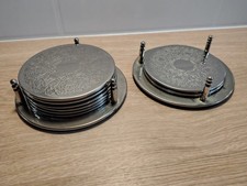 VTG Silver Plated  Coaster Set & Holder Engraved Floral Leaf Design plus spares